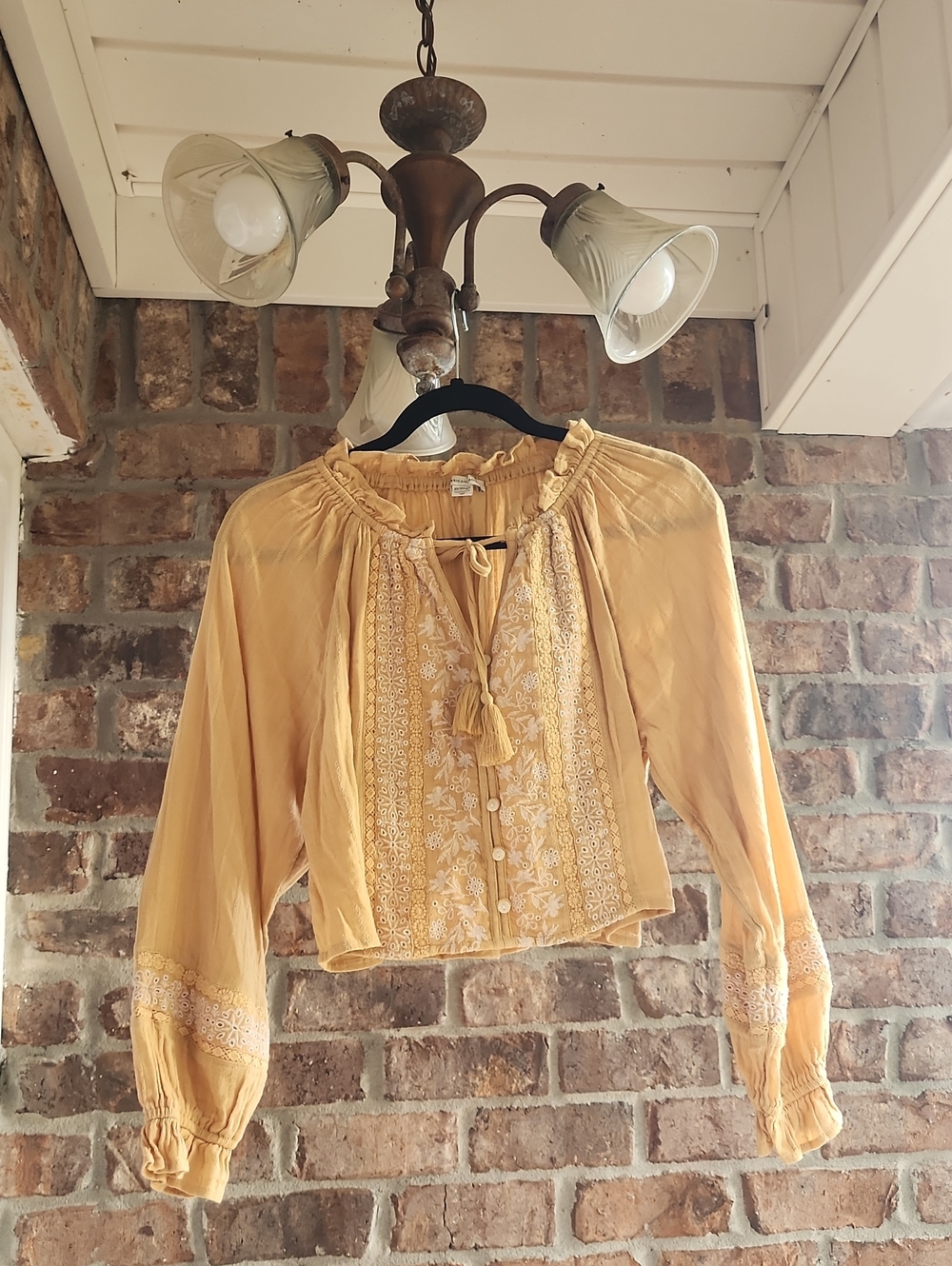 American Eagle Outfitters Mustard Embroidered Tie-Neck Peasant Top